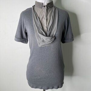 BRUNELLO CUCINELLI Women's Grey Short Sleeve Silk Button Down Shirt Size Large